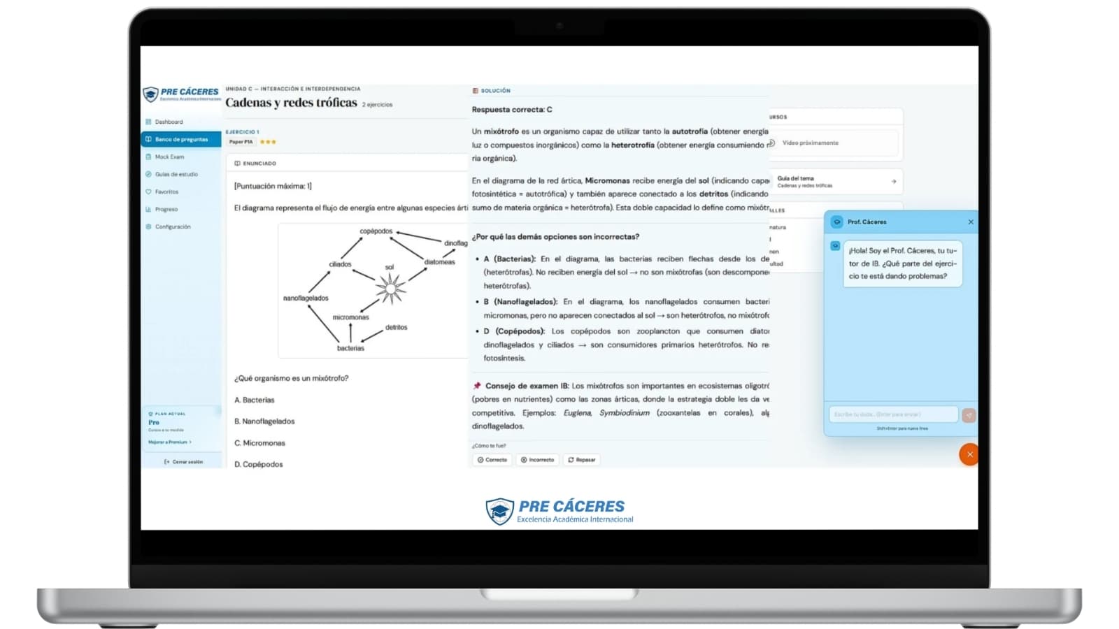 Vista del curso Biología en la plataforma Pre Cáceres