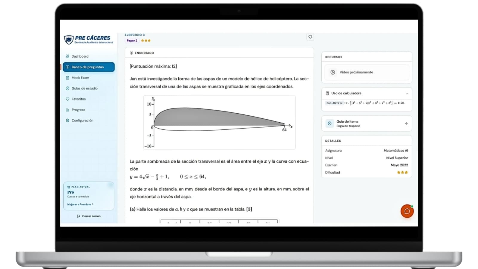 Vista del curso Matemáticas: Análisis y Enfoques en la plataforma Pre Cáceres